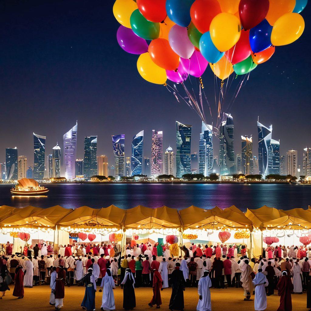 A vibrant scene showcasing the joyful culture of Qatar, featuring traditional dancers in colorful attire, families enjoying a lively outdoor festival with balloons, and the stunning skyline of Doha in the background. Capture the essence of happiness with twinkling lights, delicious Qatari food stalls, and smiles all around. super-realistic. vibrant colors. festive atmosphere.