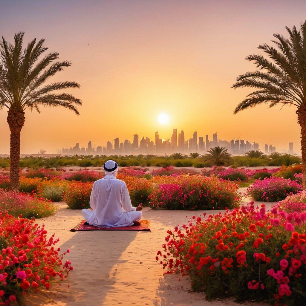 A serene scene capturing a traveler meditating in a lush Qatari oasis, surrounded by vibrant desert flowers. In the background, iconic Doha skyline blends with traditional Arabian architecture, while the sun sets casting warm golden hues over the landscape. Bubbles of happiness symbolize fleeting moments, floating around the traveler. The scene is lively, depicting joy and tranquility. super-realistic. vibrant colors. sunset backdrop.