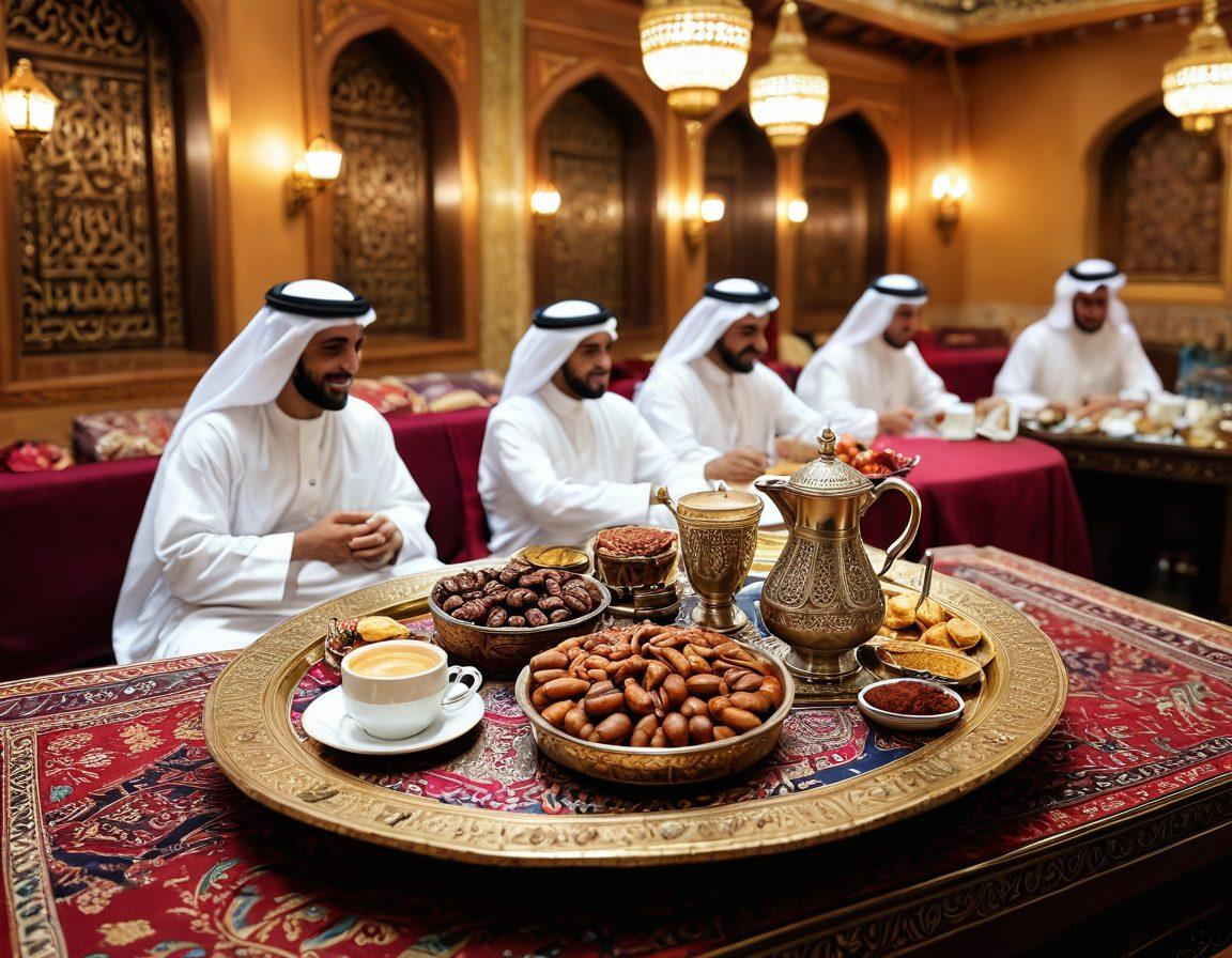 A warm and inviting scene depicting a lavish Qatari hospitality setting, featuring traditional coffee and dates served on ornate golden trays, surrounded by vibrant textiles and intricate Arabic calligraphy. In the background, showcase a bustling souq with colorful spices and handicrafts, capturing the essence of Qatari culture. The atmosphere should exude warmth and joy, with friendly faces of diverse people sharing laughter. vibrant colors. super-realistic. cultural richness.
